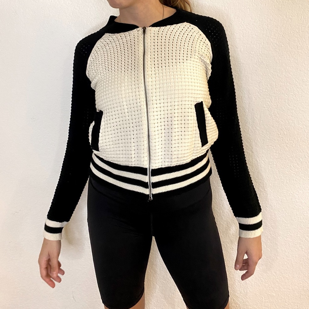 White Knit Bomber Zip-Up Sweater